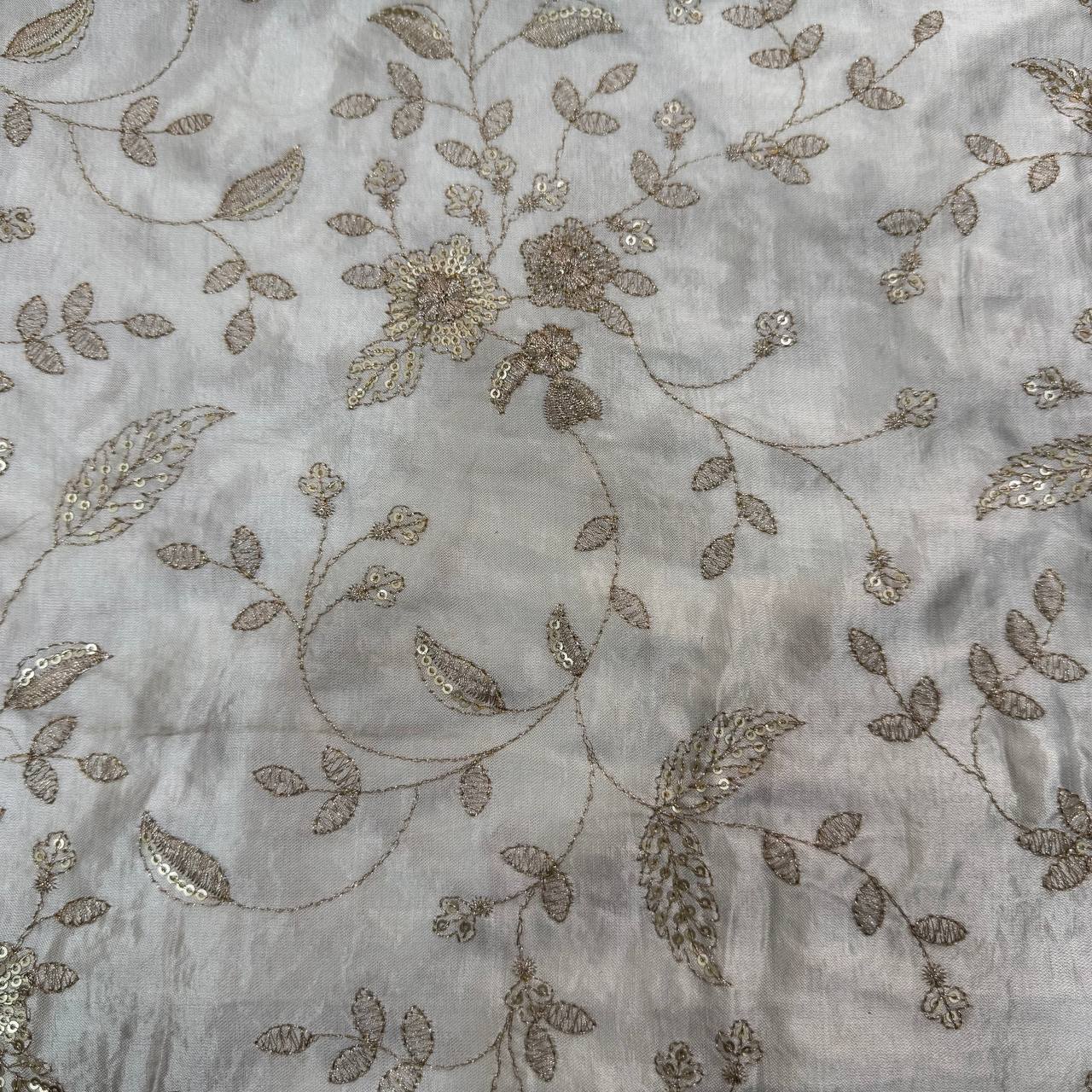White & Golden Floral Dyeable Embroidered Viscose Gaji Silk Fabric