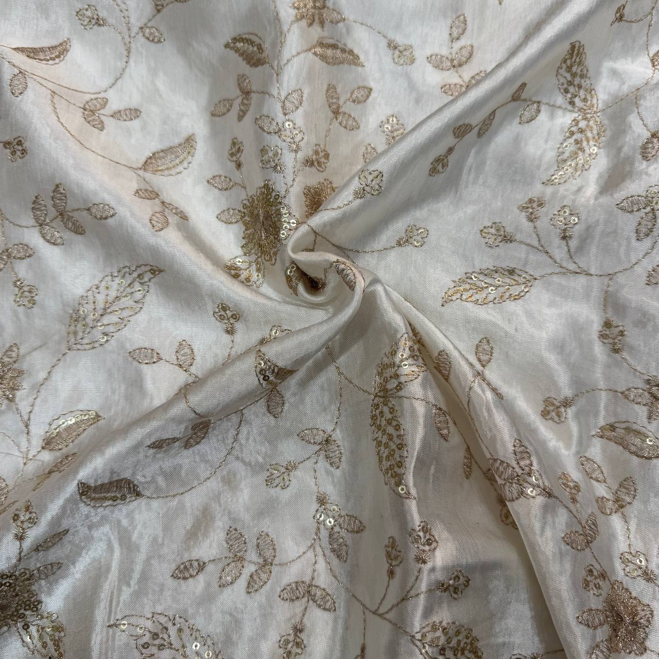 White & Golden Floral Dyeable Embroidered Viscose Gaji Silk Fabric