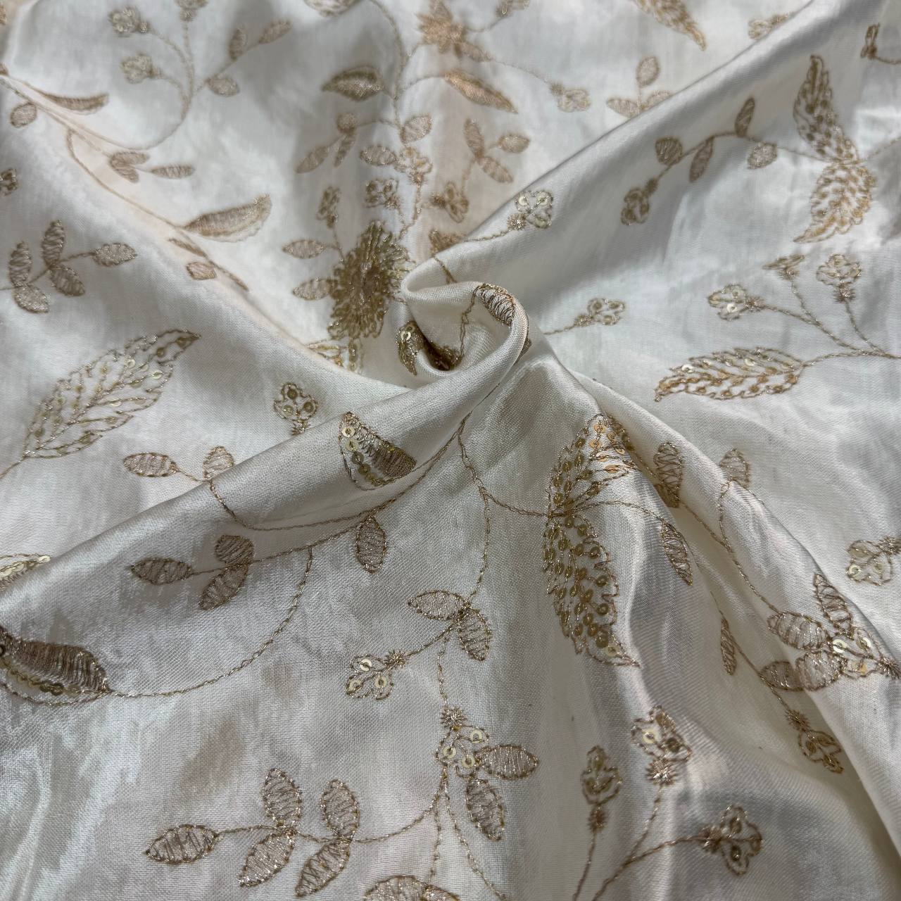 White & Golden Floral Dyeable Embroidered Viscose Gaji Silk Fabric