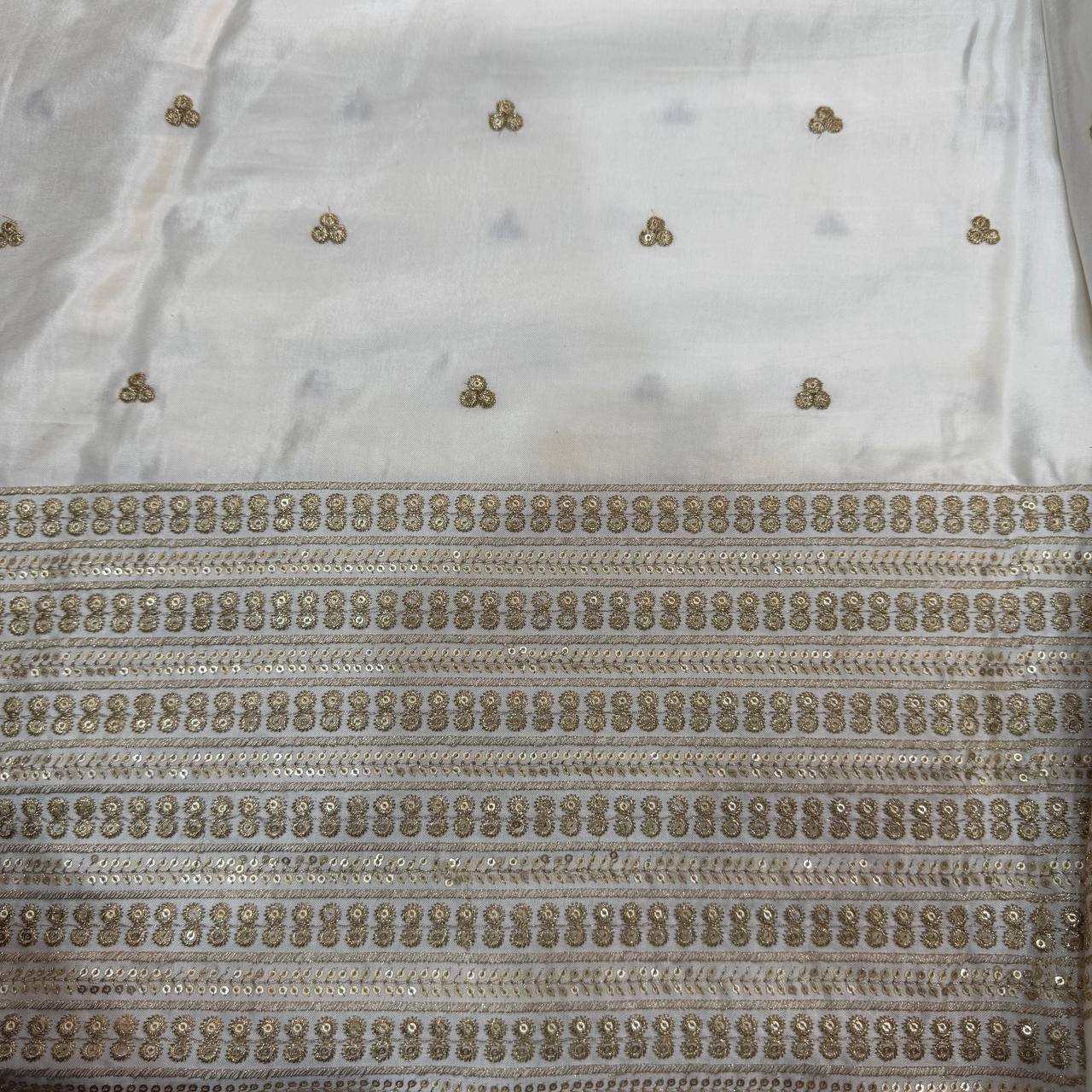 White & Golden Floral Dyeable Embroidered Panel Work Viscose Gaji Silk Fabric