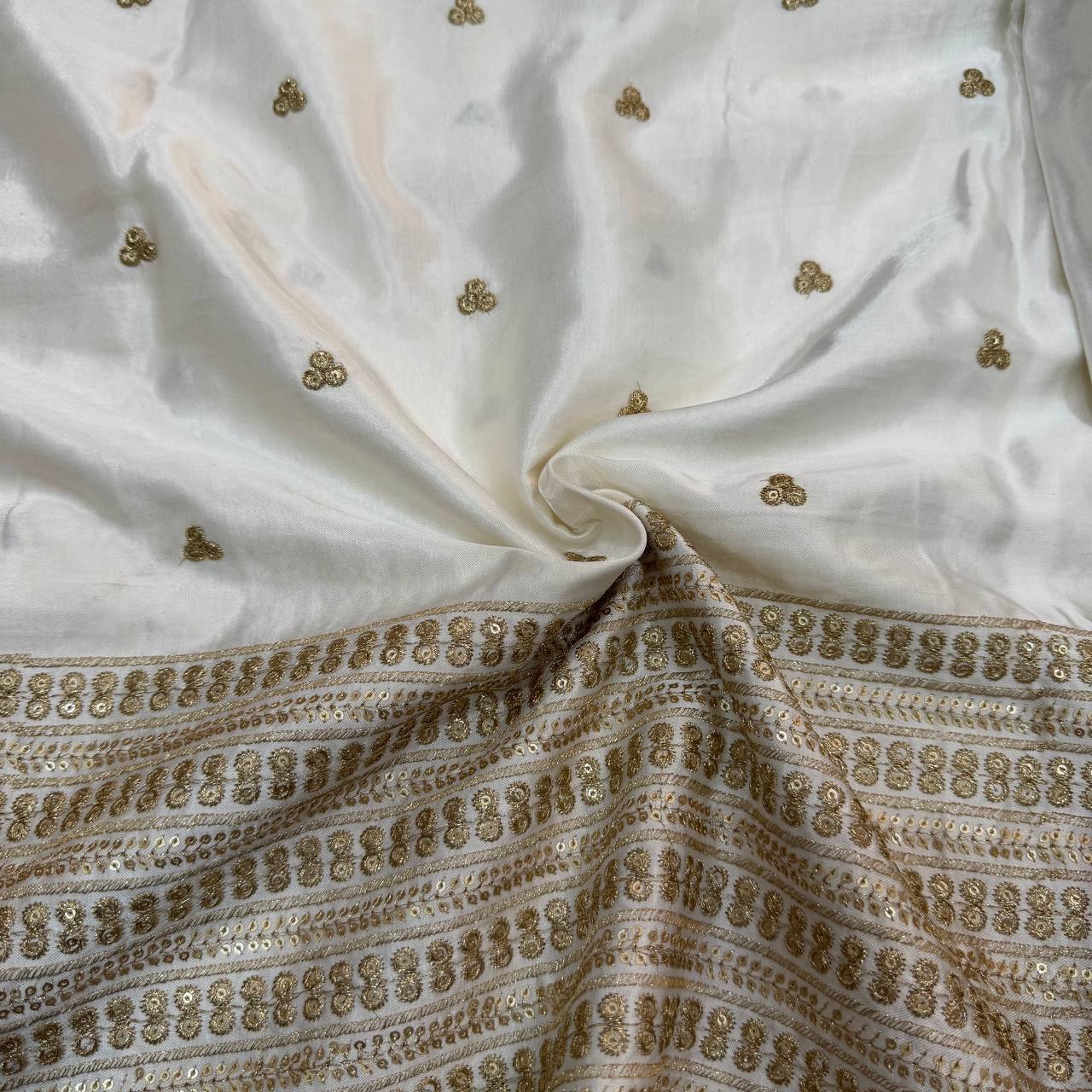White & Golden Floral Dyeable Embroidered Panel Work Viscose Gaji Silk Fabric