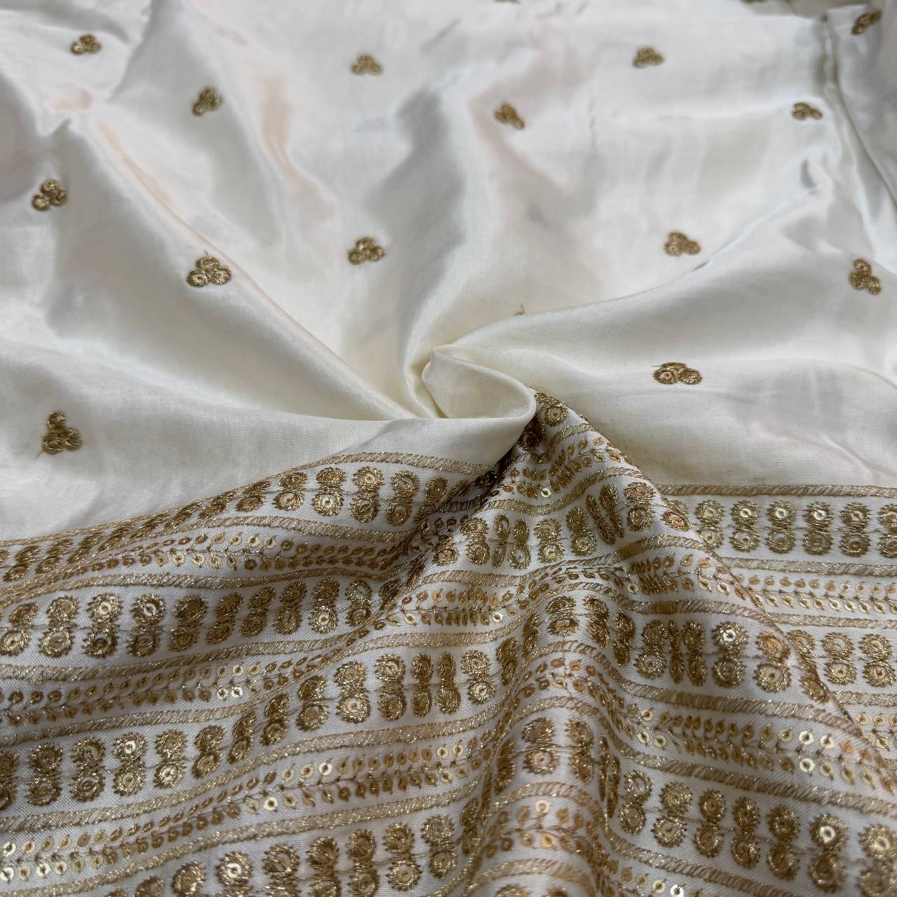 White & Golden Floral Dyeable Embroidered Panel Work Viscose Gaji Silk Fabric