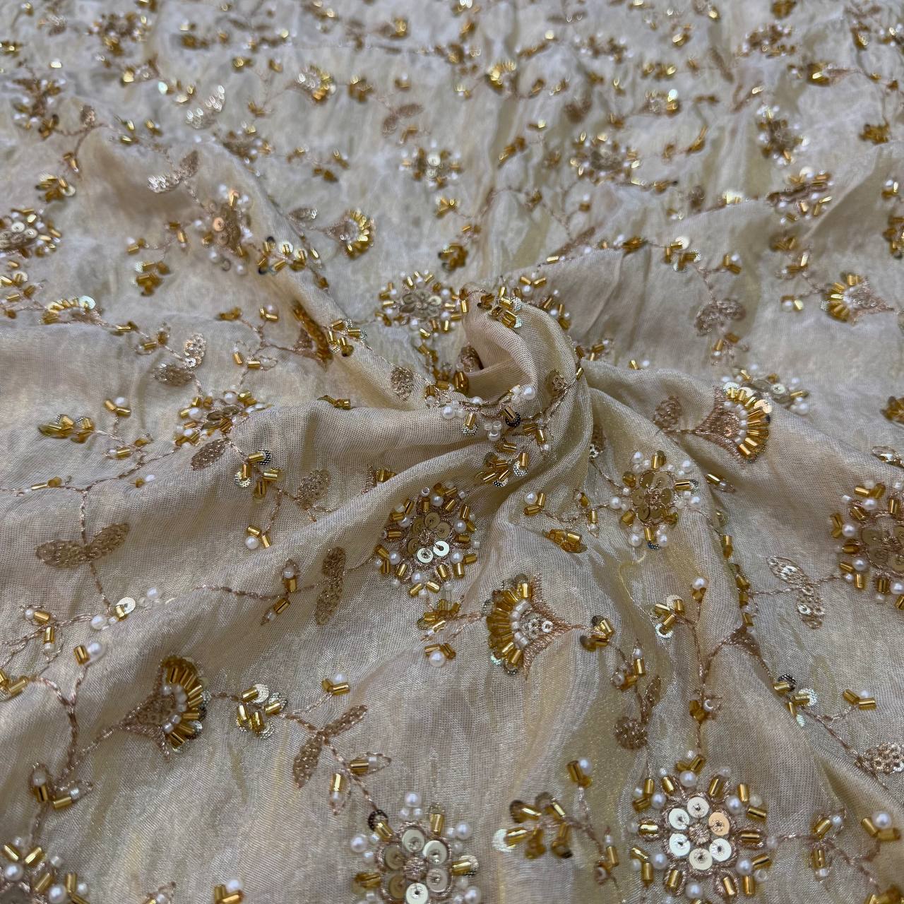 White & Golden Floral Beads Handwork Dyeable Embroidered Viscose Tissue Silk Fabric
