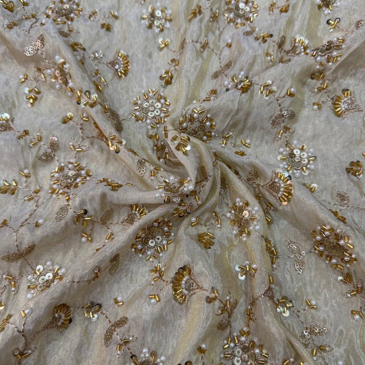 White & Golden Floral Beads Handwork Dyeable Embroidered Viscose Tissue Silk Fabric
