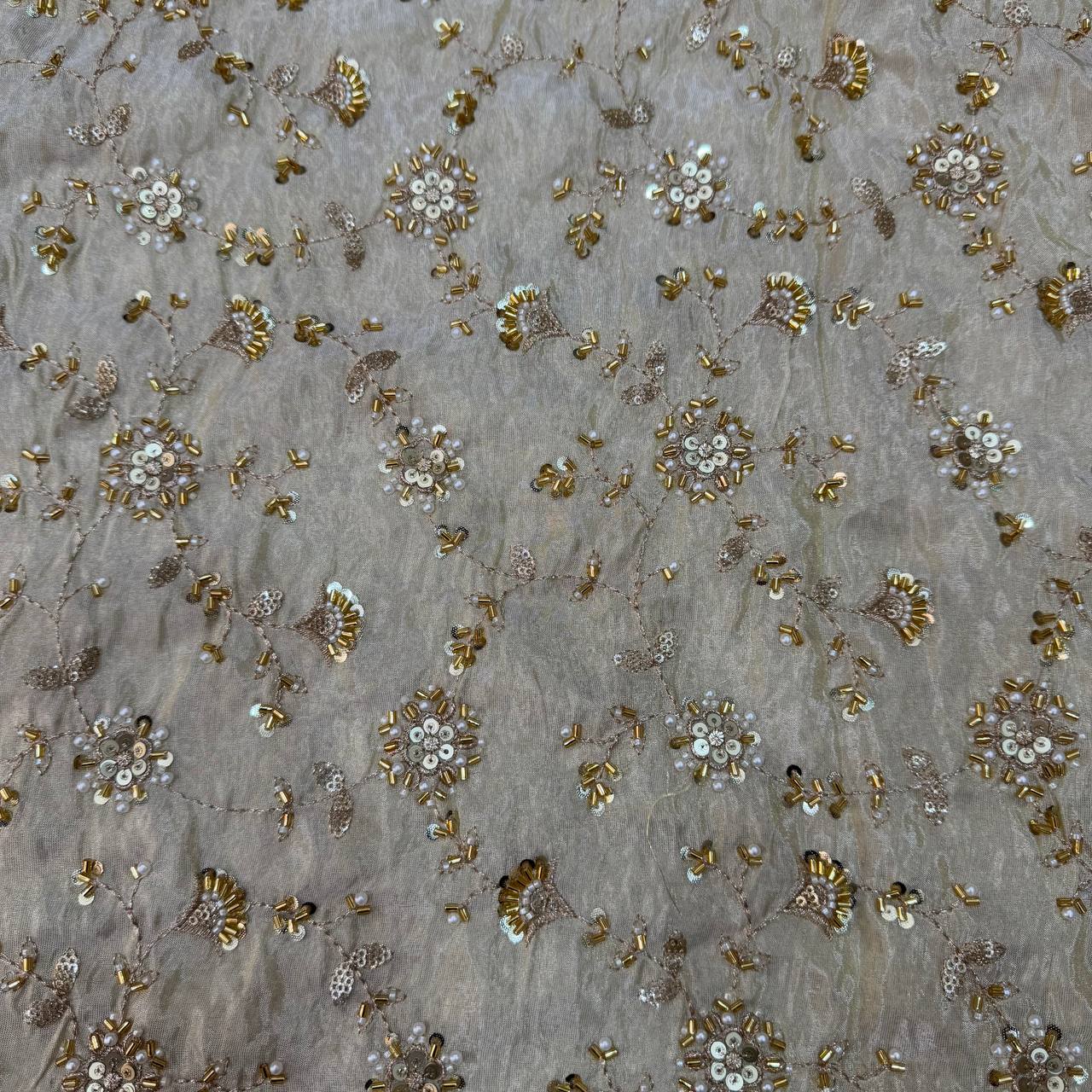 White & Golden Floral Beads Handwork Dyeable Embroidered Viscose Tissue Silk Fabric