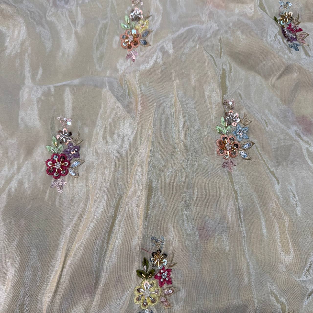 White & Golden Multicolor Beads Panel Handwork Dyeable Viscose Tissue Silk Fabric