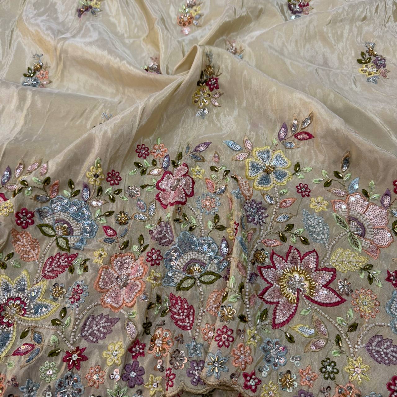 White & Golden Multicolor Beads Panel Handwork Dyeable Viscose Tissue Silk Fabric