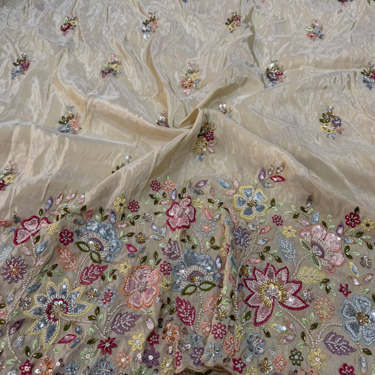 White & Golden Multicolor Beads Panel Handwork Dyeable Viscose Tissue Silk Fabric
