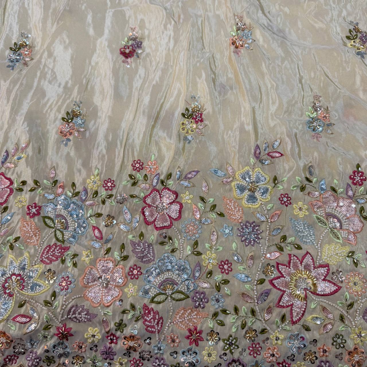 White & Golden Multicolor Beads Panel Handwork Dyeable Viscose Tissue Silk Fabric