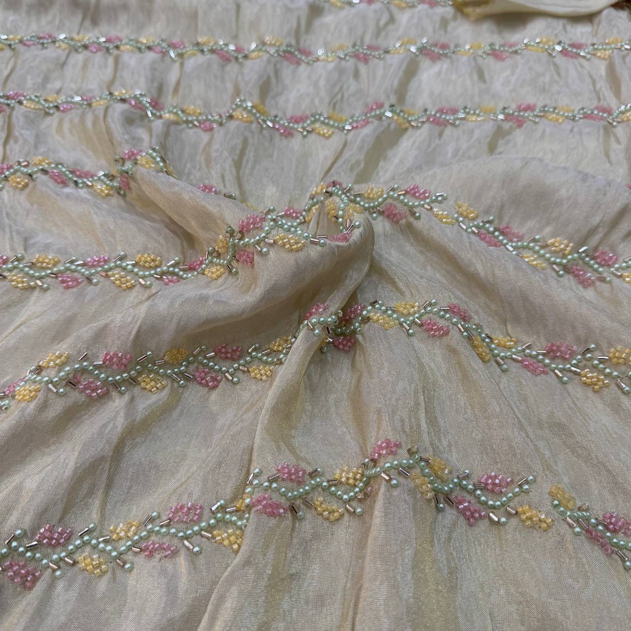 White & Golden Multicolor Stripes Beads Handwork Dyeable Embroidered Viscose Tissue Silk Fabric