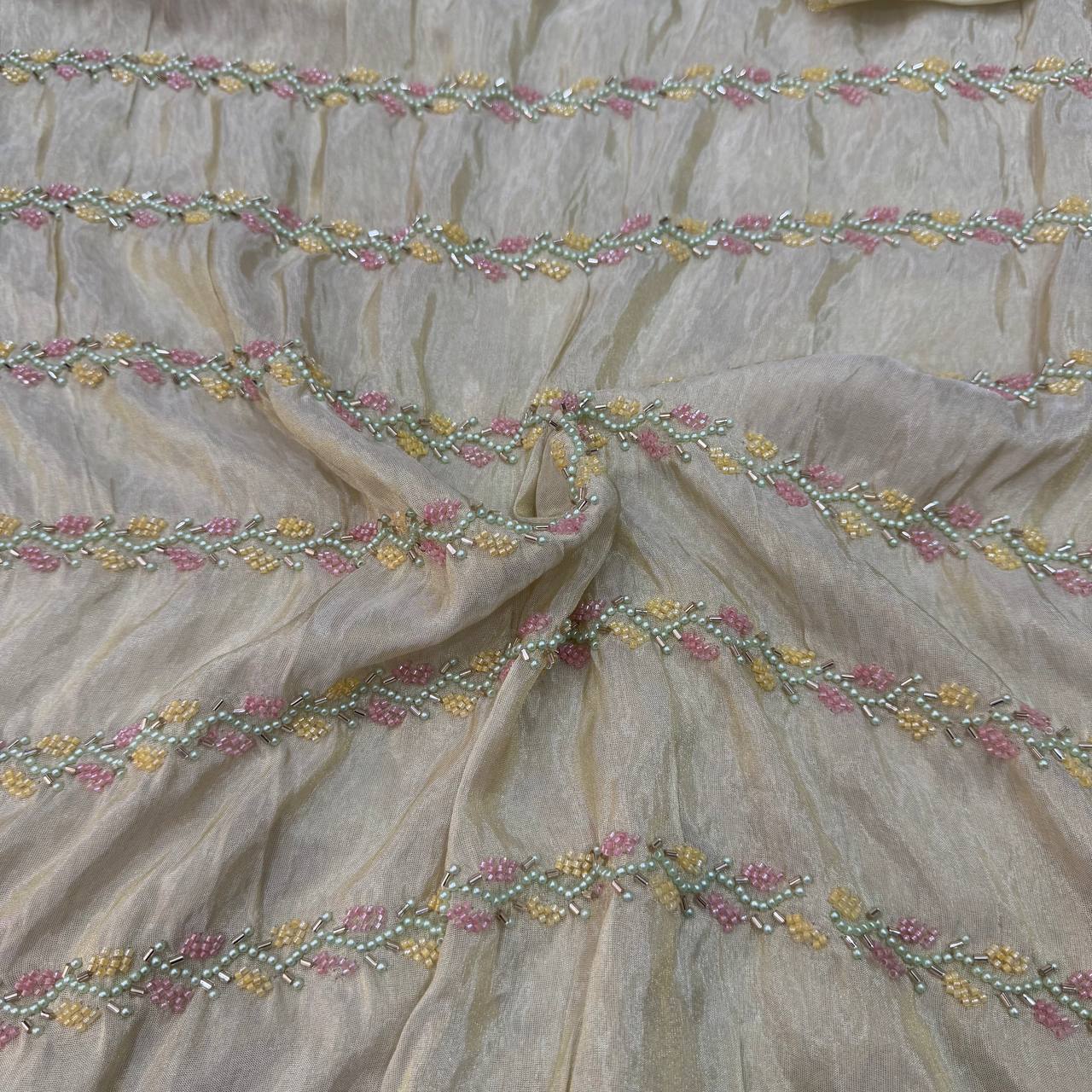 White & Golden Multicolor Stripes Beads Handwork Dyeable Embroidered Viscose Tissue Silk Fabric