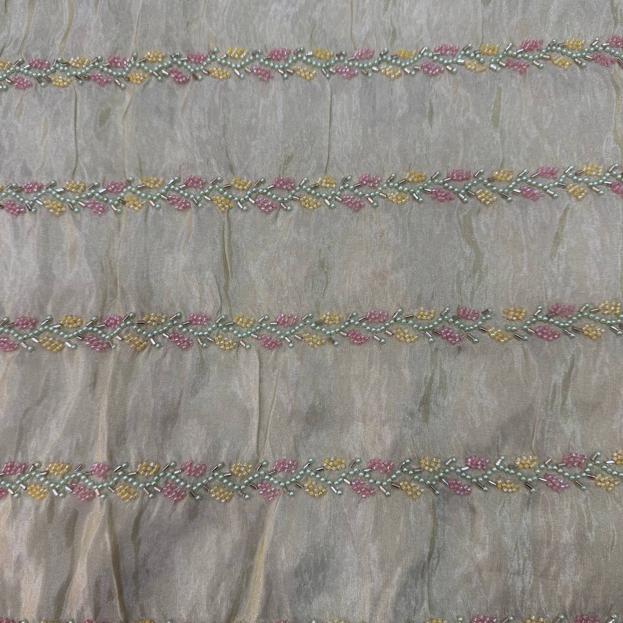 White & Golden Multicolor Stripes Beads Handwork Dyeable Embroidered Viscose Tissue Silk Fabric