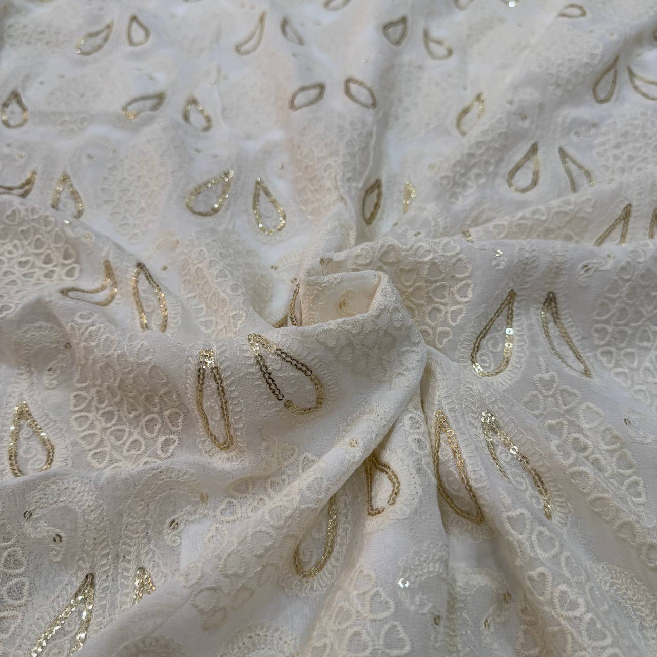 White Dyeable Floral Lakhnavi Embroidered Viscose Georgette Fabric