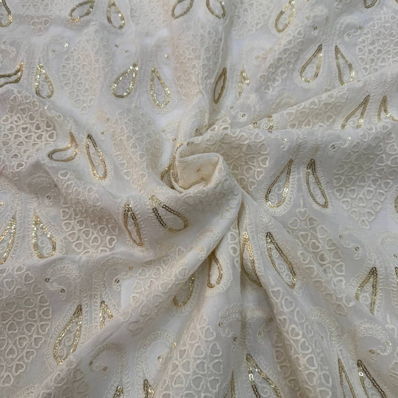White Dyeable Floral Lakhnavi Embroidered Viscose Georgette Fabric
