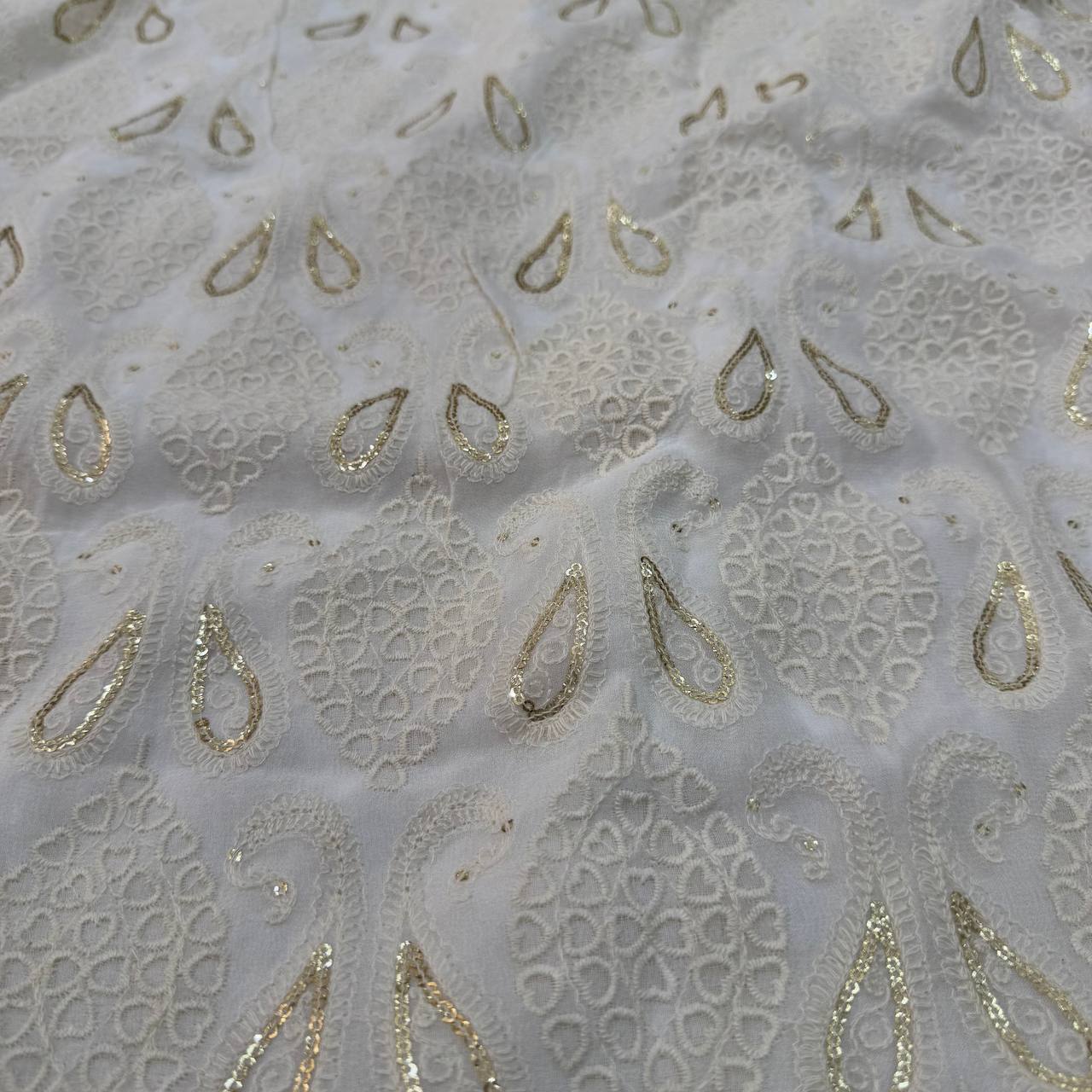 White Dyeable Floral Lakhnavi Embroidered Viscose Georgette Fabric