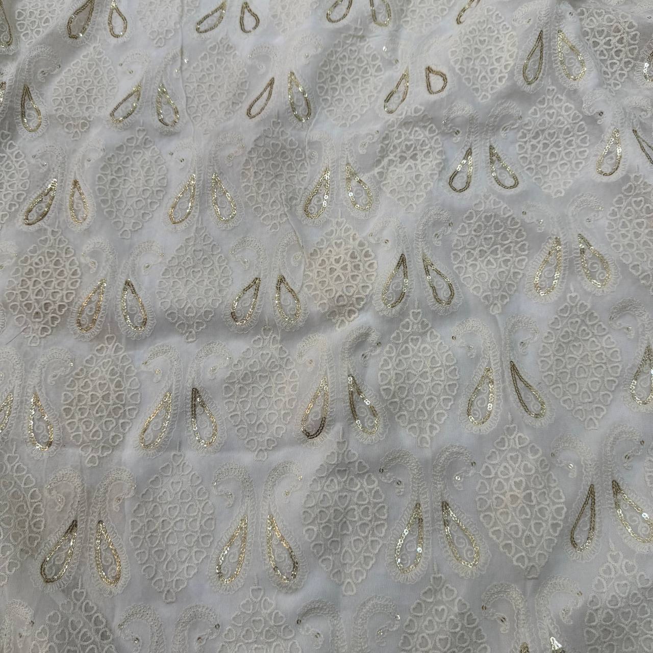 White Dyeable Floral Lakhnavi Embroidered Viscose Georgette Fabric