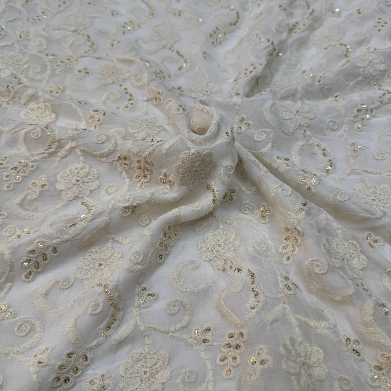 White Dyeable Lakhnavi Floral Embroidered Viscose Georgette Fabric