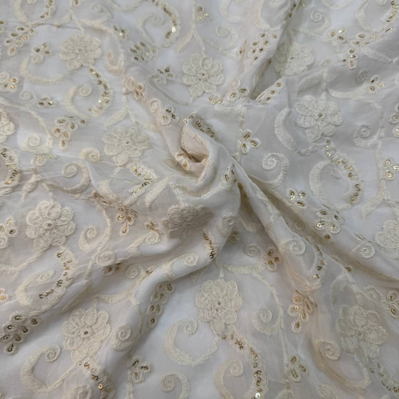 White Dyeable Lakhnavi Floral Embroidered Viscose Georgette Fabric