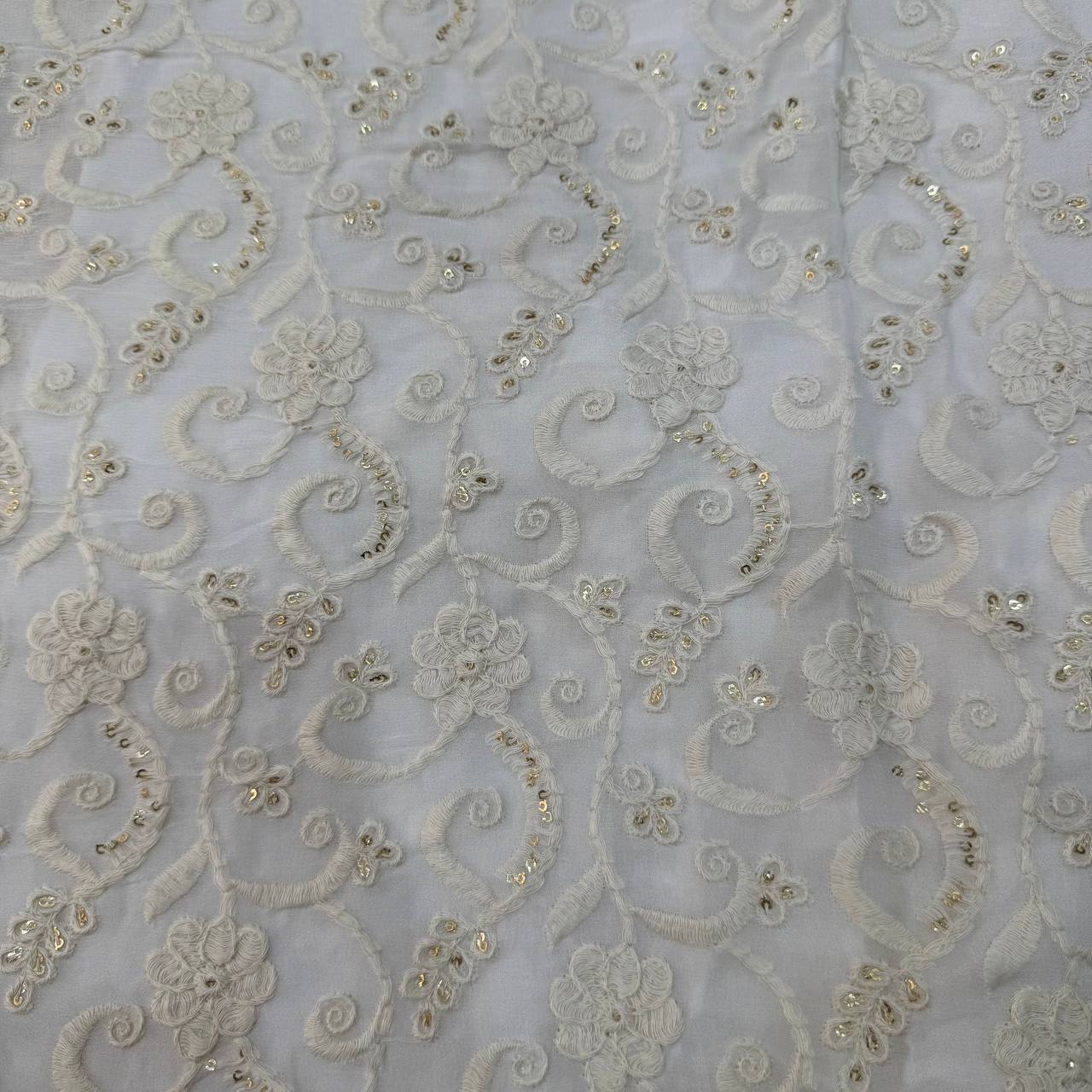 White Dyeable Lakhnavi Floral Embroidered Viscose Georgette Fabric