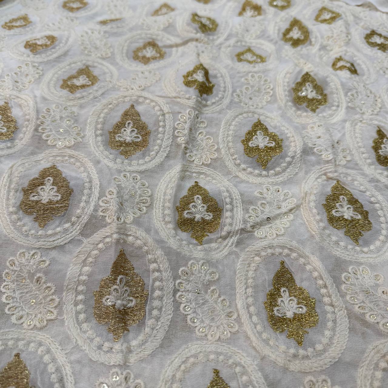 White Dyeable Lakhnavi Embroidered Viscose Georgette Fabric