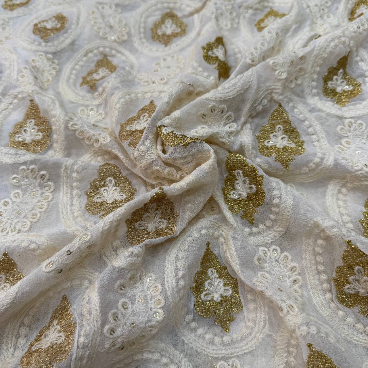 White Dyeable Lakhnavi Embroidered Viscose Georgette Fabric
