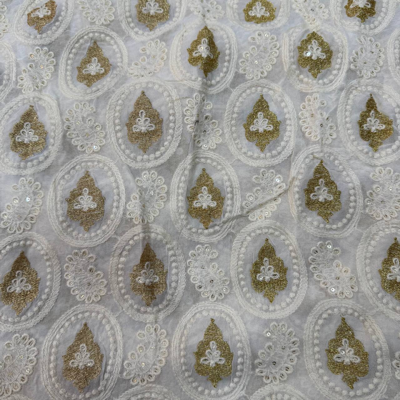 White Dyeable Lakhnavi Embroidered Viscose Georgette Fabric