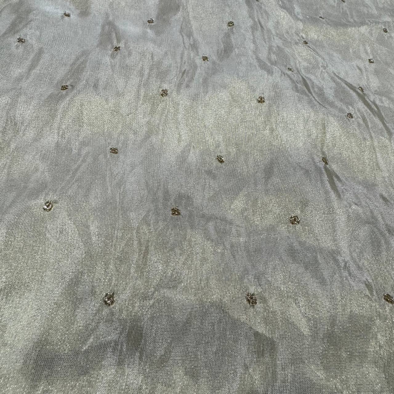 White Polka Butti Dyeable Embroidered Viscose Gold Tissue Silk Fabric