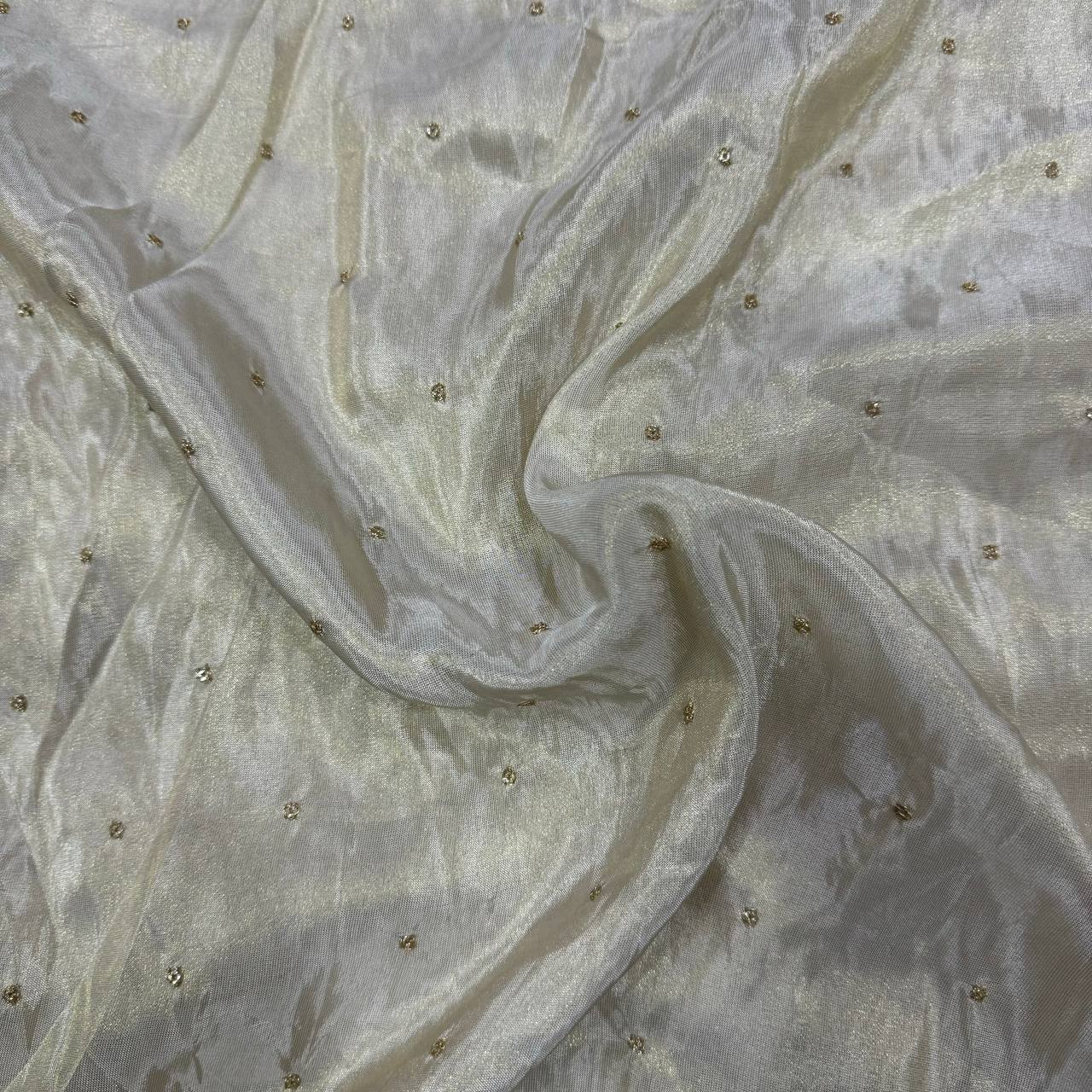 White Polka Butti Dyeable Embroidered Viscose Gold Tissue Silk Fabric