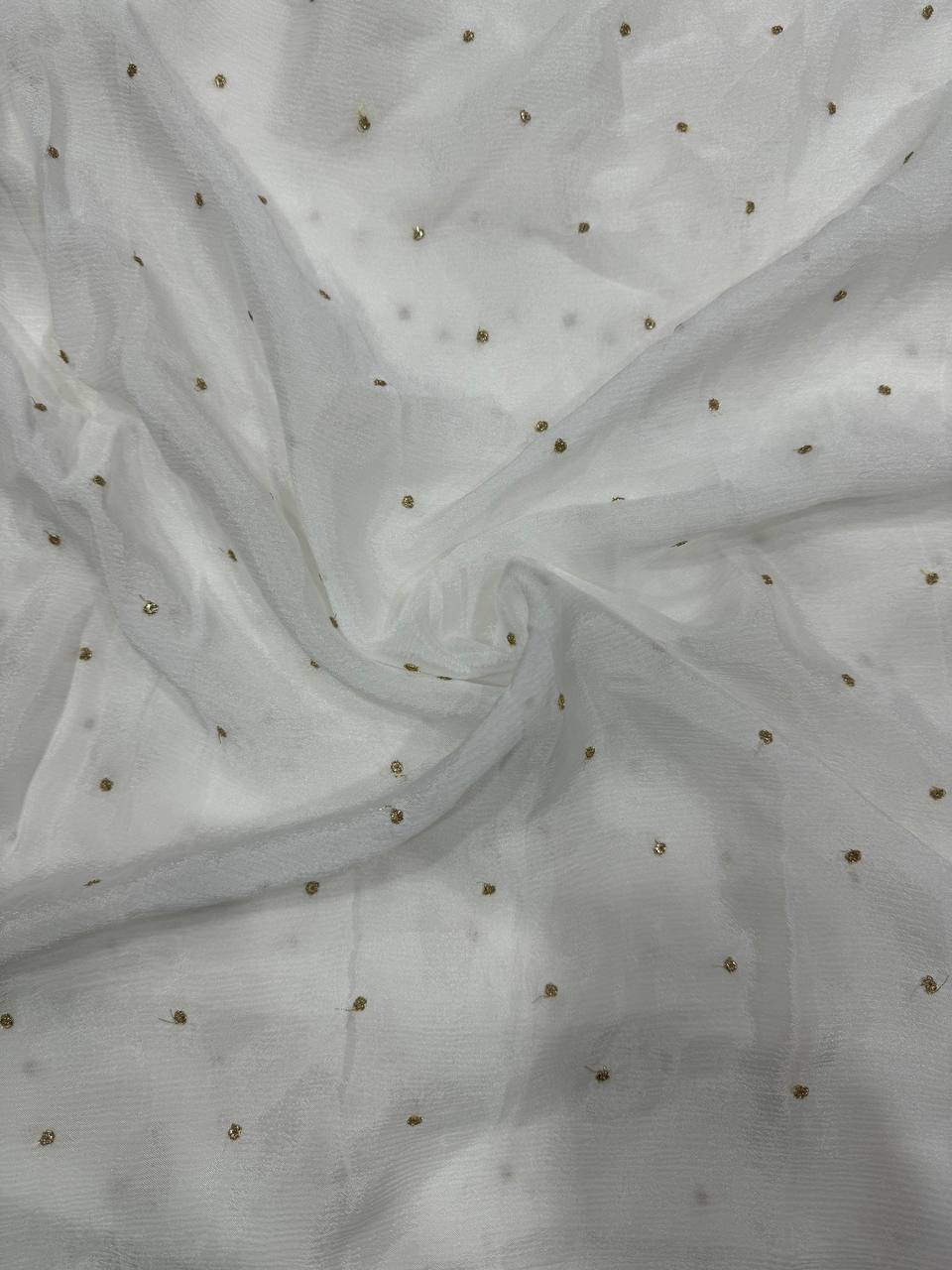 White Polka Butti Dyeable Embroidered Viscose Chinon Chiffon Fabric