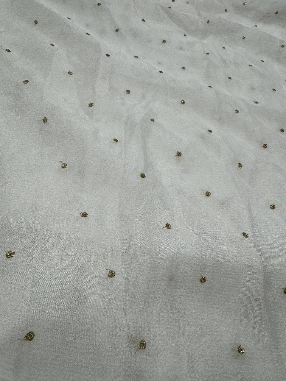White Polka Butti Dyeable Embroidered Viscose Chinon Chiffon Fabric
