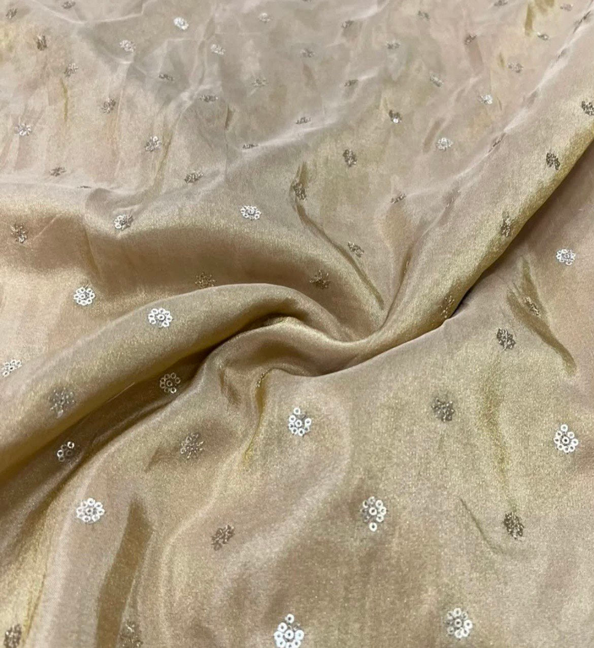 Rodeo Dust Flower Butti Dyeable Embroidered Viscose Gold Tissue Silk Fabric