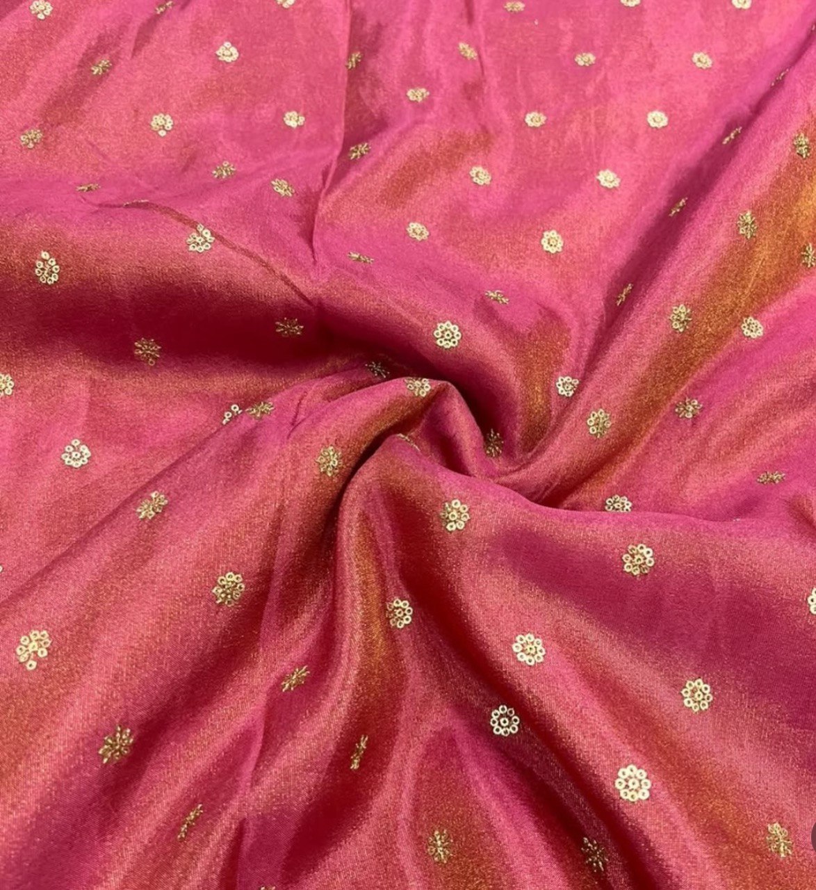 Cerise Pink Flower Butti Dyeable Embroidered Viscose Gold Tissue Silk Fabric