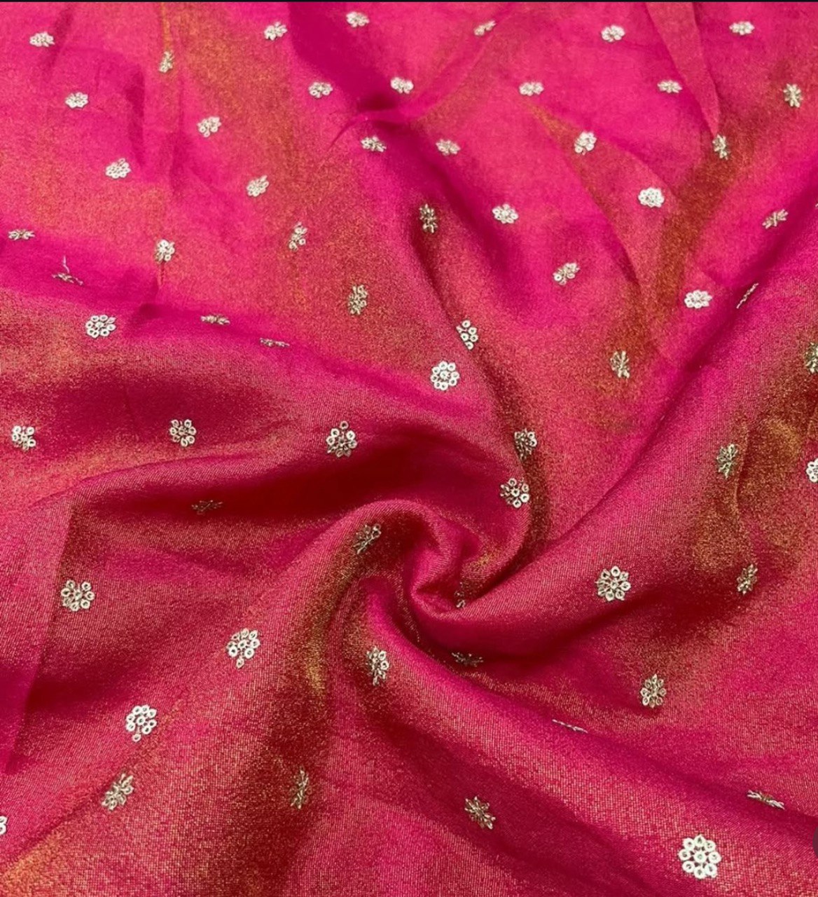 Rose Red Flower Butti Dyeable Embroidered Viscose Gold Tissue Silk Fabric
