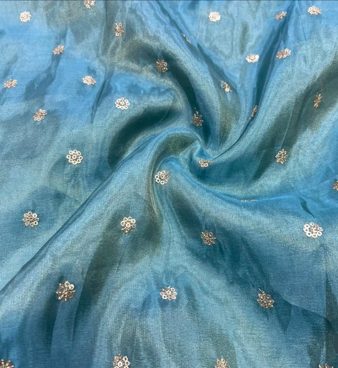 Mist Blue Flower Butti Dyeable Embroidered Viscose Gold Tissue Silk Fabric