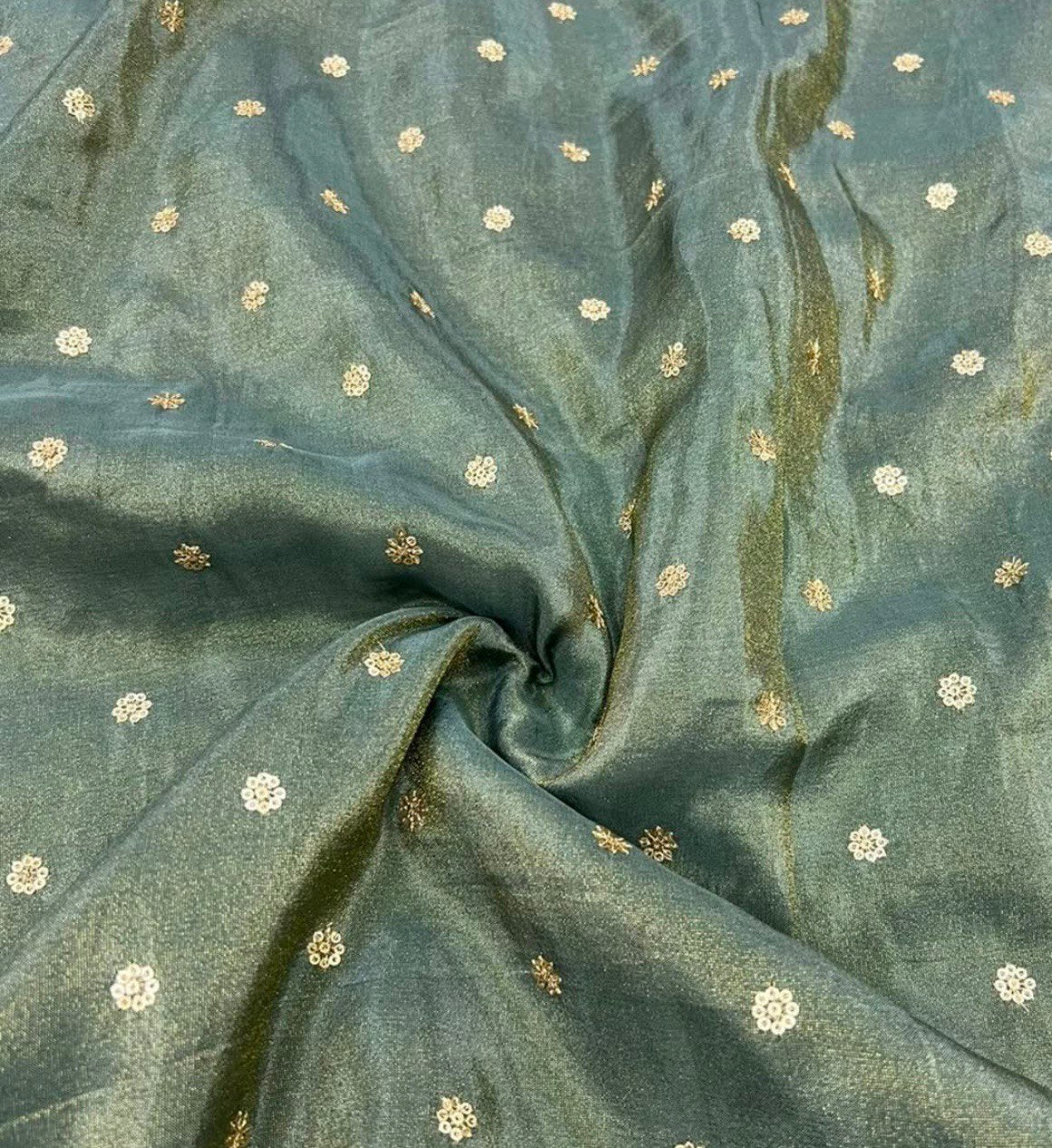 Spanish Green Flower Butti Dyeable Embroidered Viscose Gold Tissue Silk Fabric