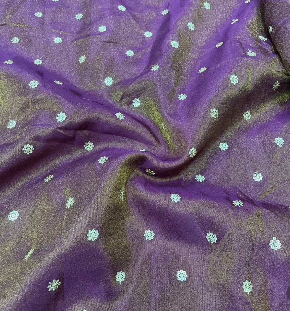 Purple Flower Butti Dyeable Embroidered Viscose Gold Tissue Silk Fabric