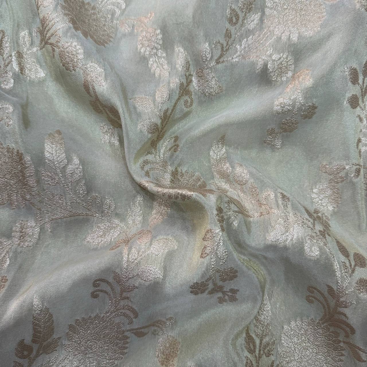 White & Rose Gold Geometric Dyeable Zari Banarasi Viscose Tissue Silk Fabric