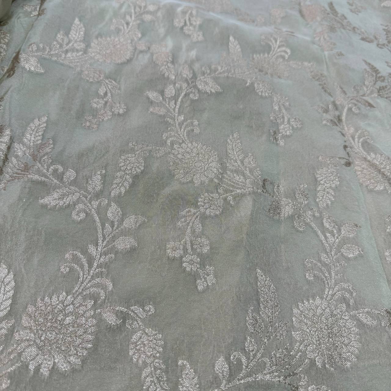 White & Rose Gold Geometric Dyeable Zari Banarasi Viscose Tissue Silk Fabric