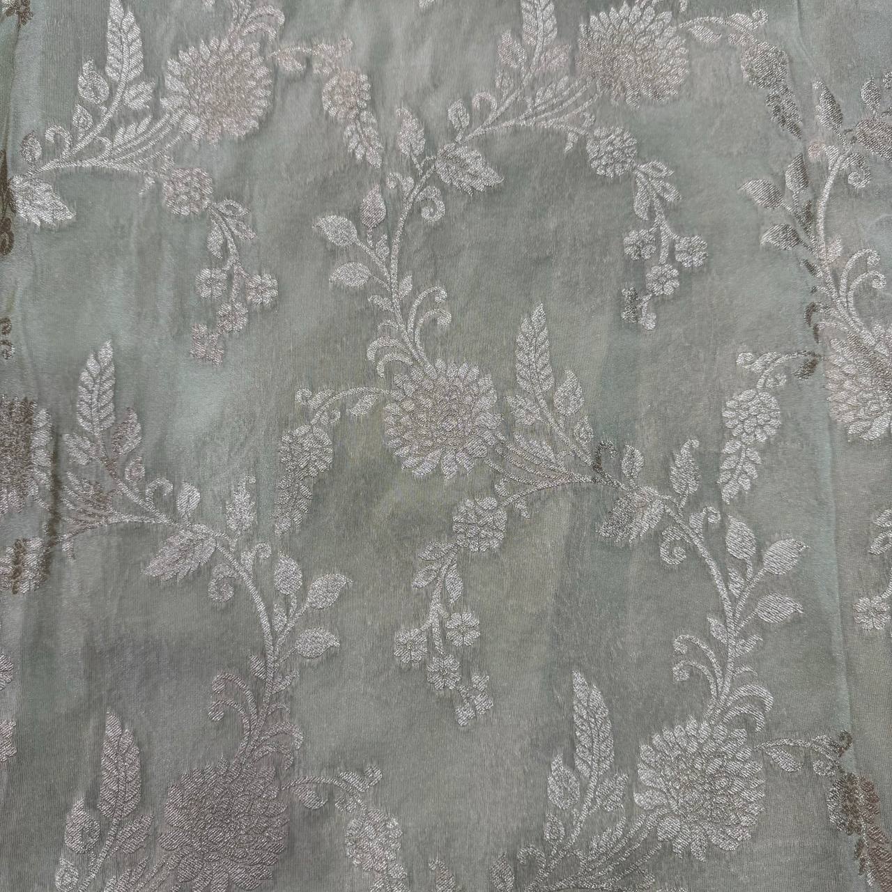 White & Rose Gold Geometric Dyeable Zari Banarasi Viscose Tissue Silk Fabric