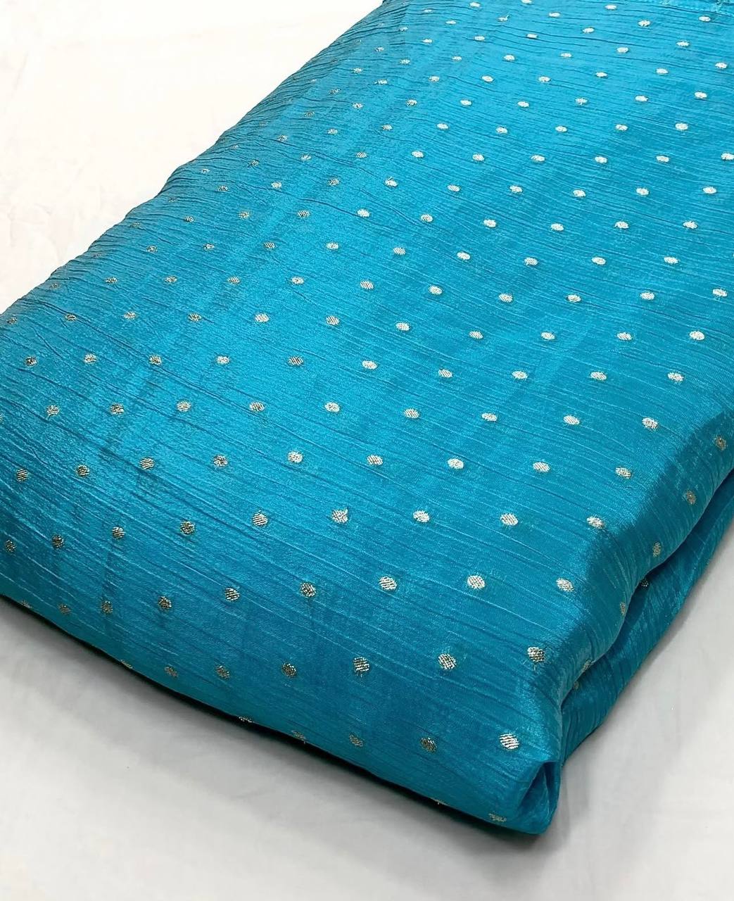 Pacific Blue Motifs Gold Butti Floral Dyeable Zari Banarasi Viscose Crushed Tissue Silk Fabric