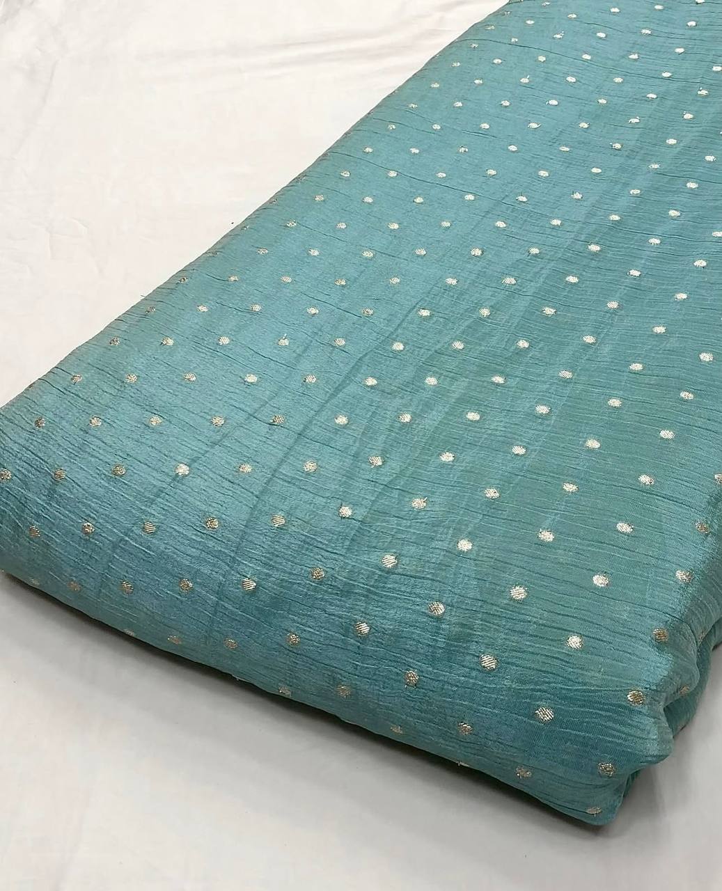 Gray Teal Motifs Gold Butti Floral Dyeable Zari Banarasi Viscose Crushed Tissue Silk Fabric
