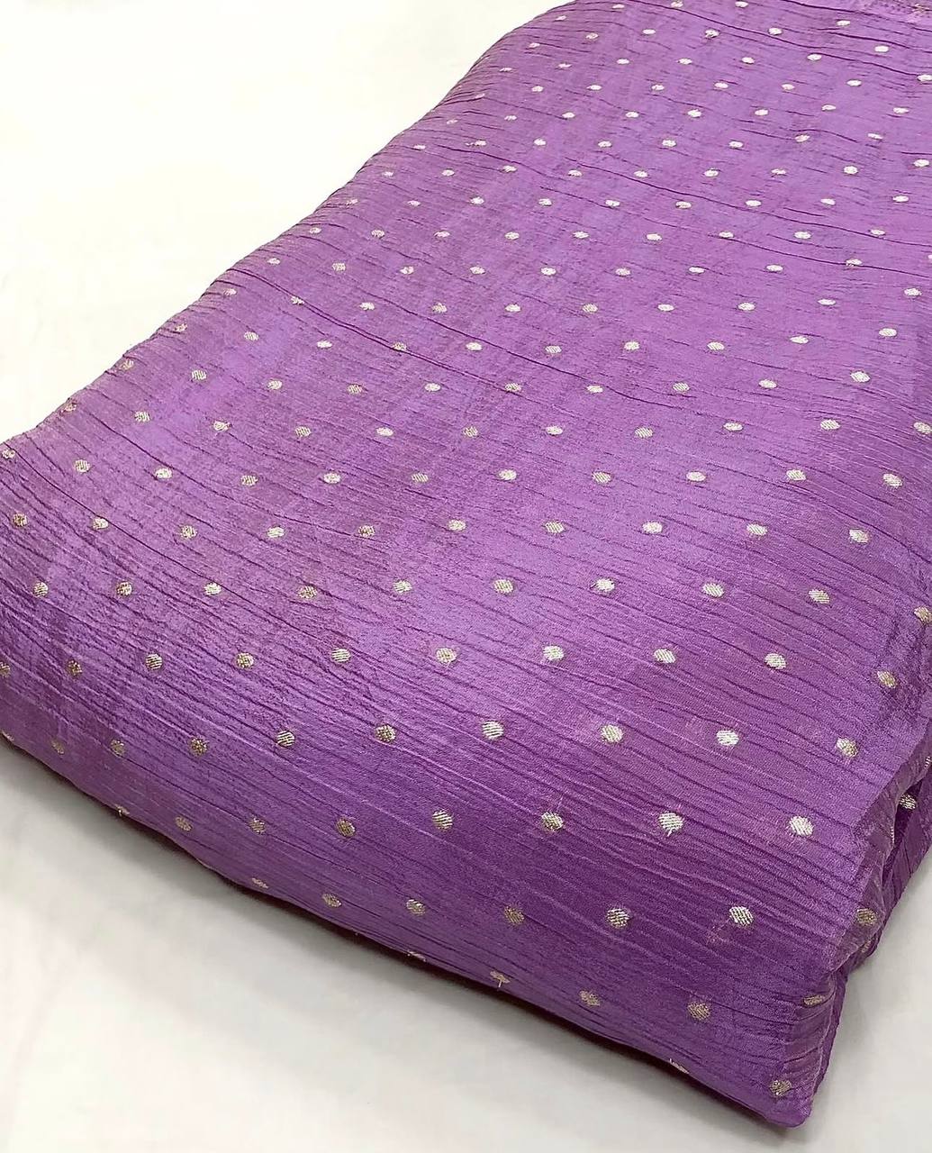 Lavender Motifs Gold Butti Floral Dyeable Zari Banarasi Viscose Crushed Tissue Silk Fabric