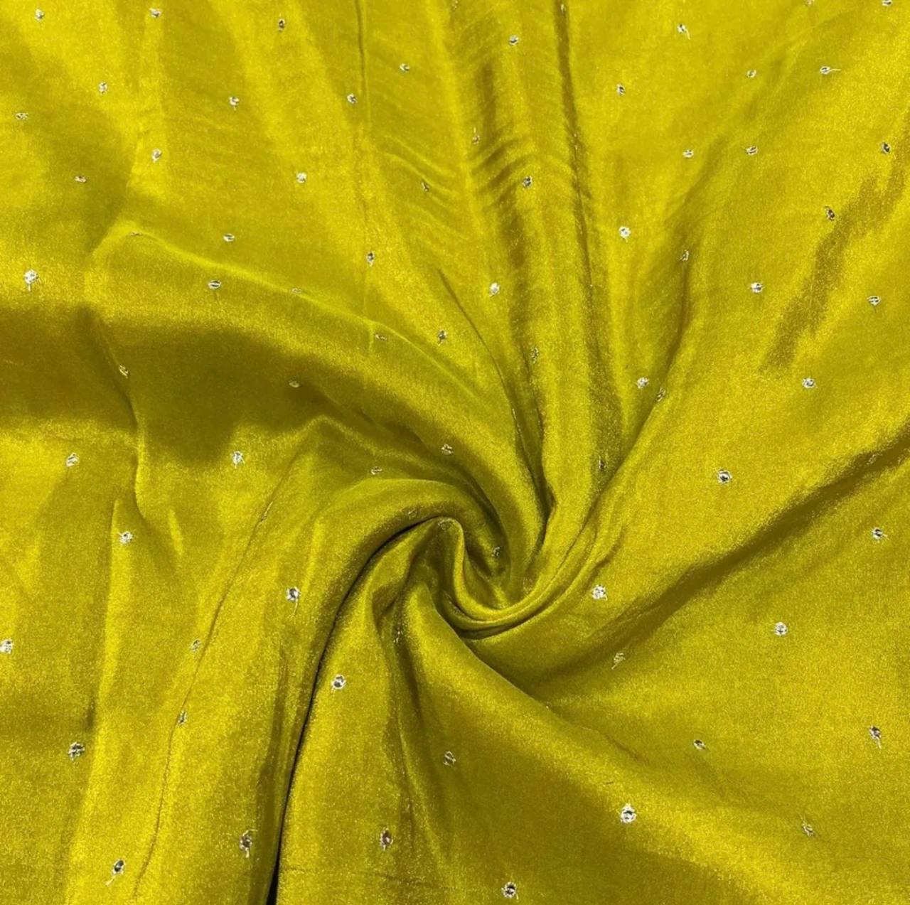 Olive Yellow Polka Butti Embroidered Viscose Gold Tissue Silk Fabric