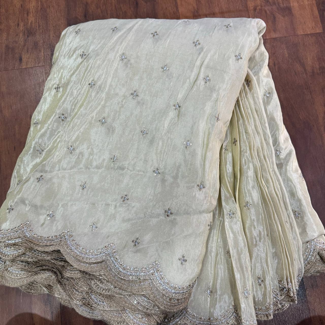 White & Golden Flower Butti Cutwork Dyeable Embroidered Viscose Tissue Silk Fabric