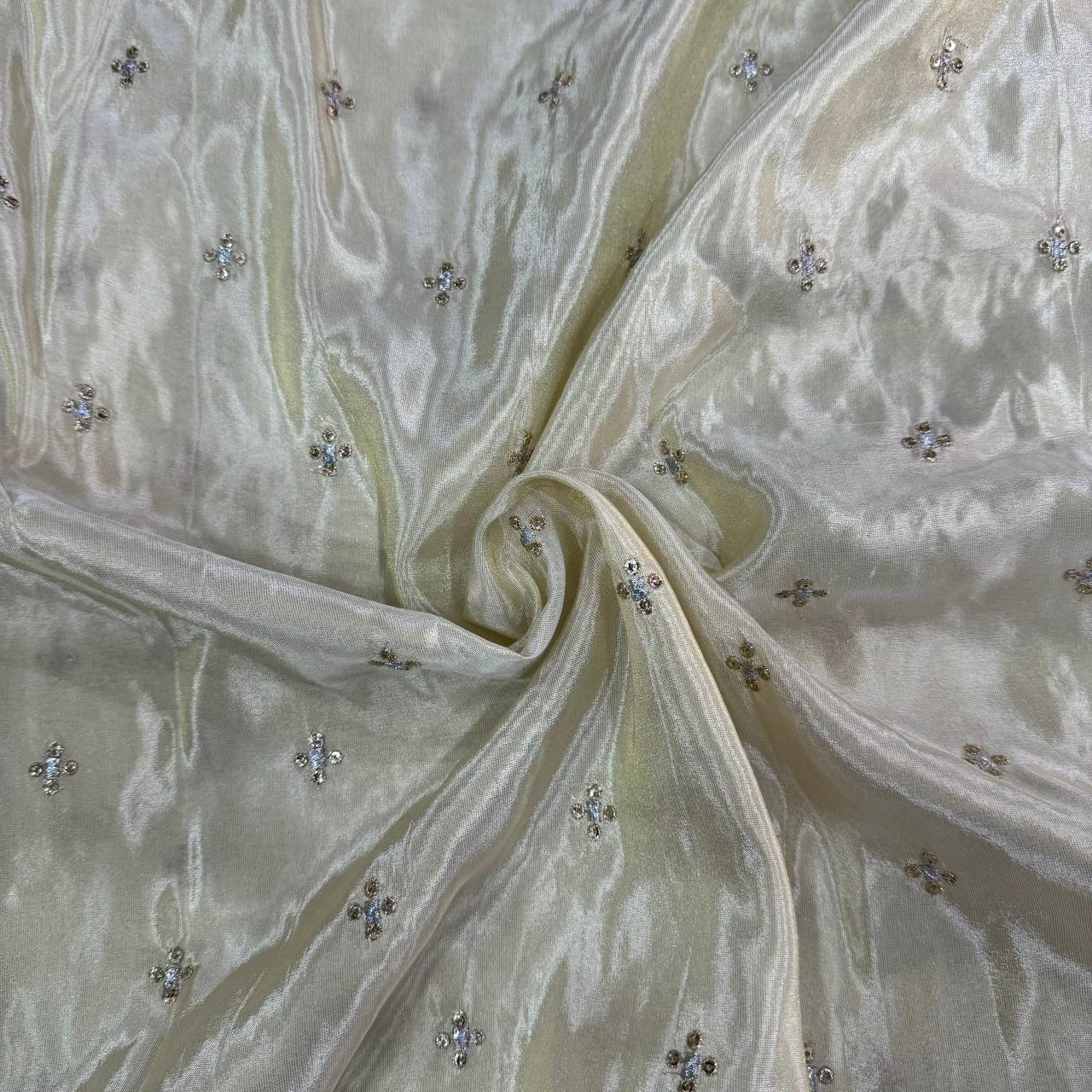 White & Golden Flower Butti Cutwork Dyeable Embroidered Viscose Tissue Silk Fabric