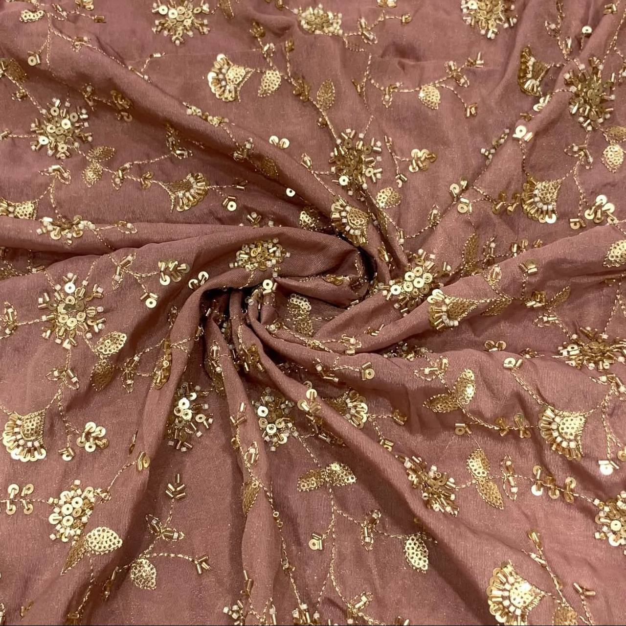 Dark Chestnut Floral Beads Handwork Dyeable Embroidered Viscose Tissue Silk Fabric