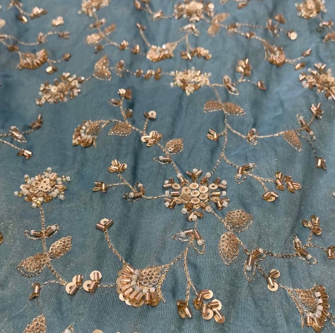 Bluish Grey Floral Beads & Sequins Handwork Dyeable Embroidered Viscose Tissue Silk Fabric