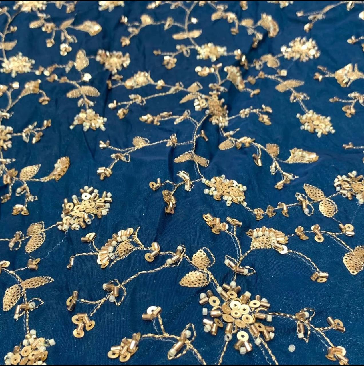 Astronaut Blue Floral Beads & Sequins Handwork Dyeable Embroidered Viscose Tissue Silk Fabric