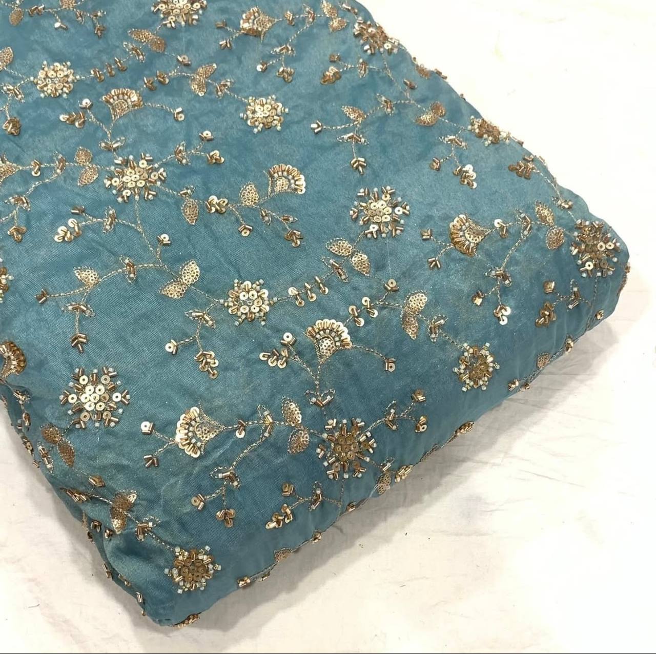 Bluish Grey Floral Beads & Sequins Handwork Dyeable Embroidered Viscose Tissue Silk Fabric