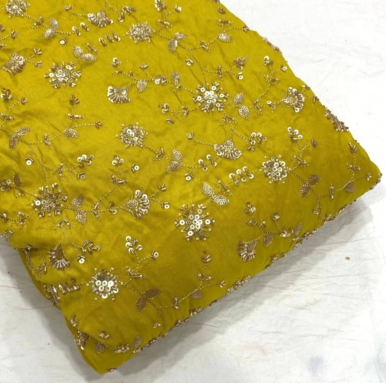 Olive Yellow Floral Beads & Sequins Handwork Dyeable Embroidered Viscose Tissue Silk Fabric